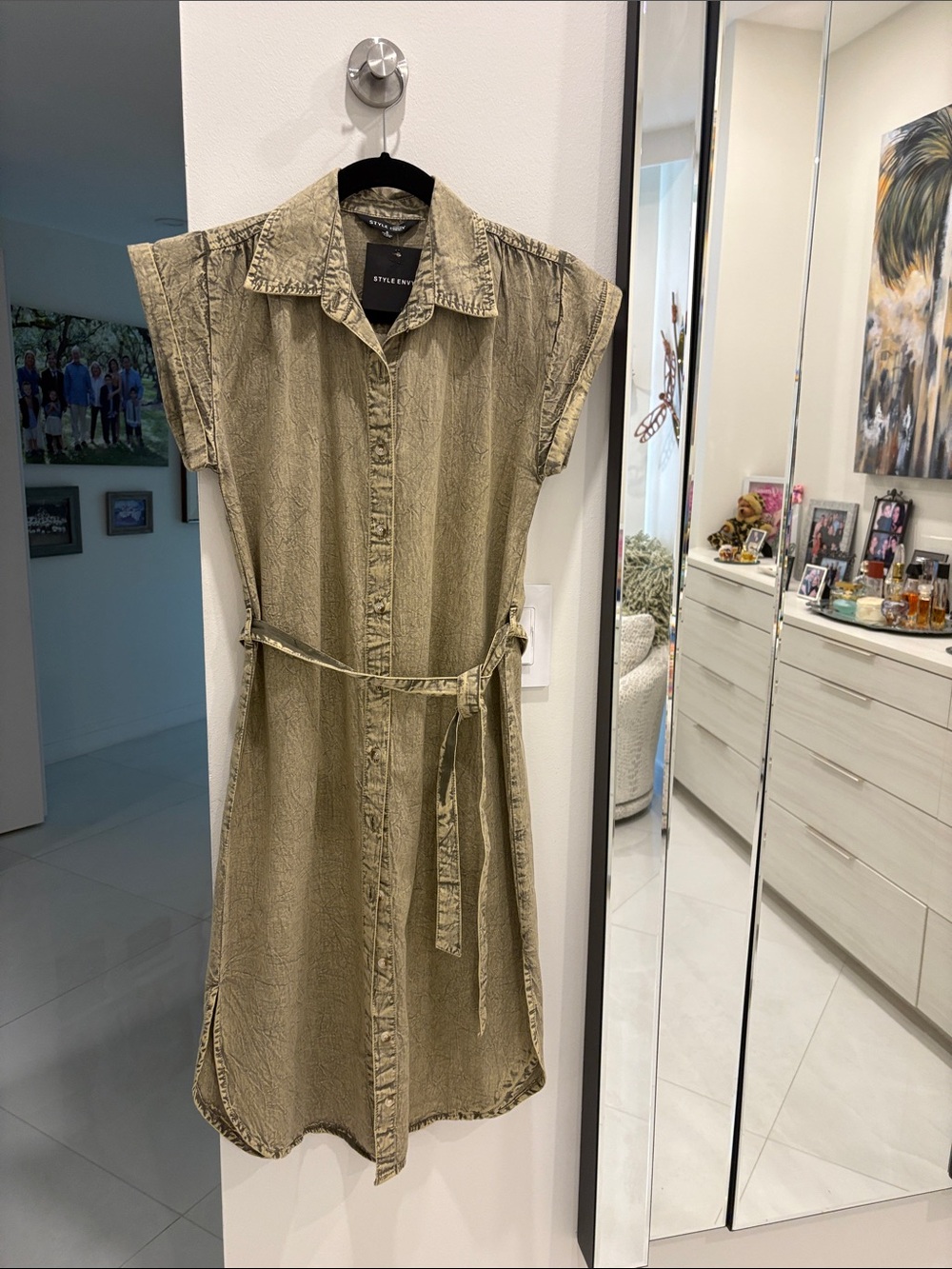 NWT Olive Button-Front Midi Shirt Dress with Tie Waist